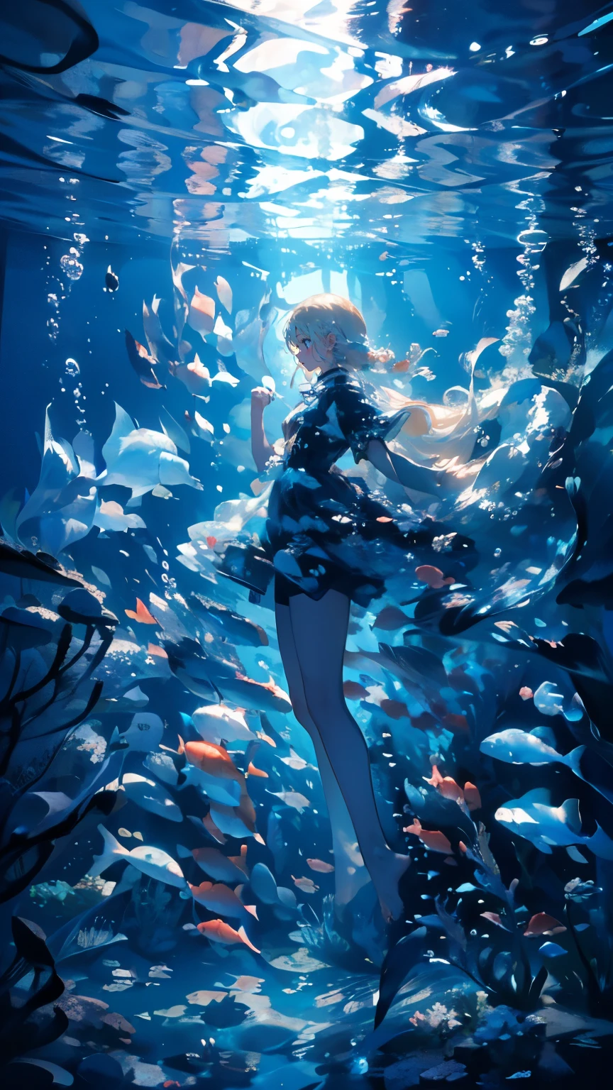 (masterpiece)、(Highest quality)、Very detailed、Perfect Face、(Solo full body shot:1.3)、(Underwater:1.4)、Ocean、Coral Reef、Light、bubble、jellyfish、Oceanの藻、(深Ocean:1.4)、Fantasy、Ocean底、Floating objects、Blonde、Long Hair、Swinging Hair