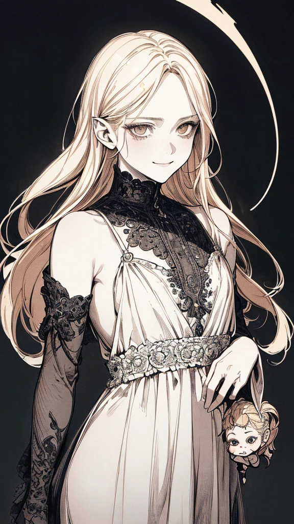 Highest quality, (Background details), High Contrast, Very beautiful , Detailed original illustrations,very small stature、Baby Face、Villain、gnome, Wavy platinum blonde hair、 Delicate face, Spoiled brat、White sundress、Real breasts, Flat Chest、Wicked Smile, Evil Eye, Black background, (Black background: 1. 5), Beautiful line art, Monochrome