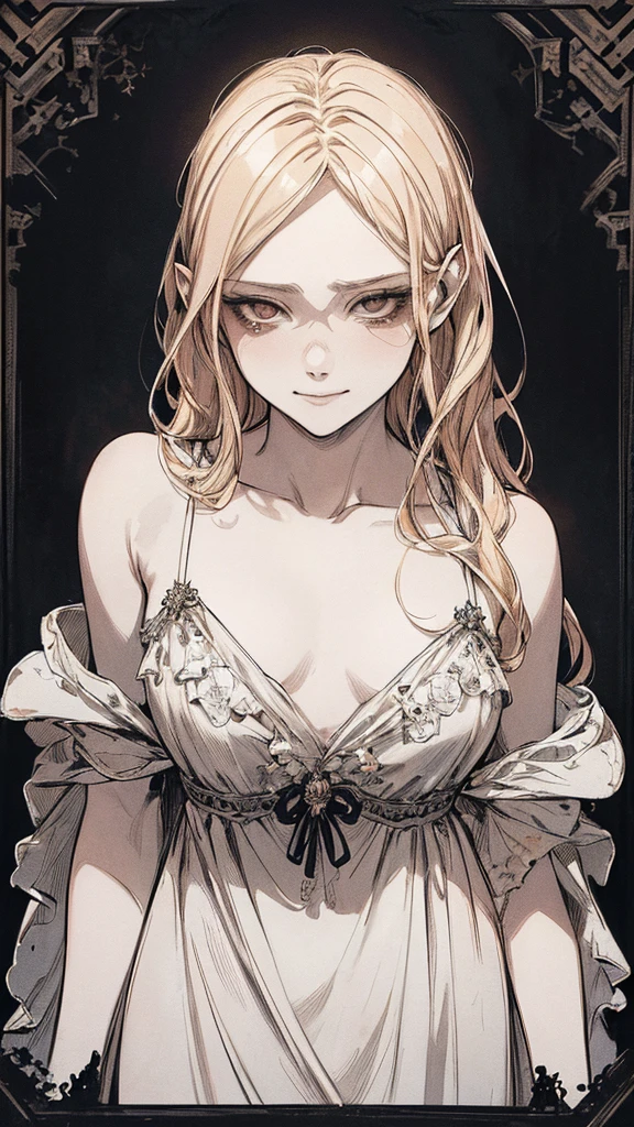 Highest quality, (Background details), High Contrast, Very beautiful , Detailed original illustrations,very small stature、Baby Face、Villain、gnome, Wavy platinum blonde hair、 Delicate face, Spoiled brat、White sundress、Real breasts, Flat Chest、Wicked Smile, Evil Eye, Black background, (Black background: 1. 5), Beautiful line art, Monochrome