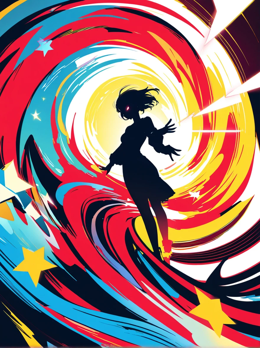masterpiece,best quality,A Anime girl , dynamic poses, central figure silhouette. Digital illustration. Red, black, white color scheme. Dramatic composition, multiple character layers. Abstract background, swirling red patterns. Contrasting white lines, sharp angles. Central yellow star symbol. Glowing white eyes on foreground character. Manga-style shading, flat color areas. High contrast lighting, anniversary anthology cover art. Bold graphic design, symmetrical layout. Action-packed scene, energetic linework