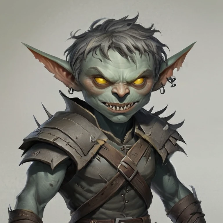 Gray goblin ranger, with pale gray skin, yellow eyes glowing with cunning, dark and disheveled hair falling in strands over his forehead and shoulders, sharp and pointed ears, long and thin limbs, lean and muscular build, quick and silent movements, and a constant expression of vigilance and readiness for any danger.