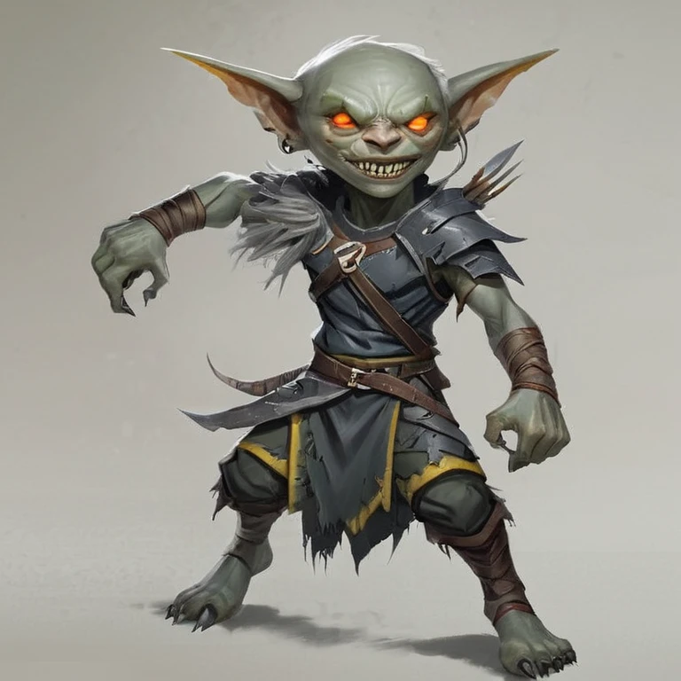 Gray goblin ranger, with pale gray skin, yellow eyes glowing with cunning, dark and disheveled hair falling in strands over his forehead and shoulders, sharp and pointed ears, long and thin limbs, lean and muscular build, quick and silent movements, and a constant expression of vigilance and readiness for any danger.