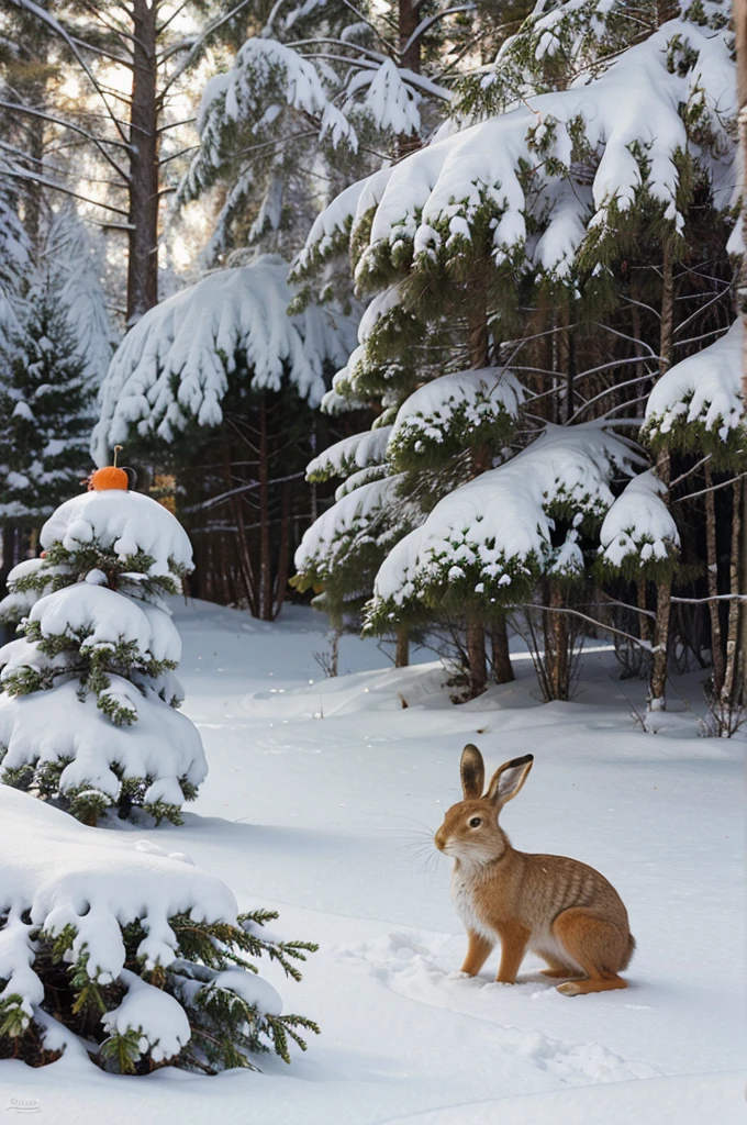 illustration for a poem about a hare near a spruce tree with a carrot in his hands