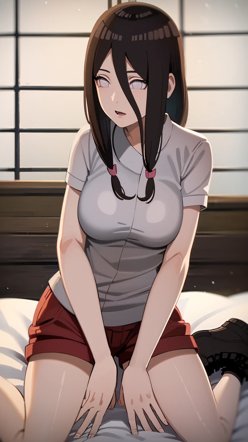 masterpiece, very detailed, Best quality, ultra high resolution, 1 girl, One, （Snow outside the window，Campfire，breathe through，Be red in the face），(средняя breast), breast, (The wall, than Hinata:1), （in hospital，hospital bed），(Nurse uniform，Ultra Shorts，sit on the bed，on the knees，scarf), split, from the front，Sat down，black eyes，White eyes are white, naked ,Whistles