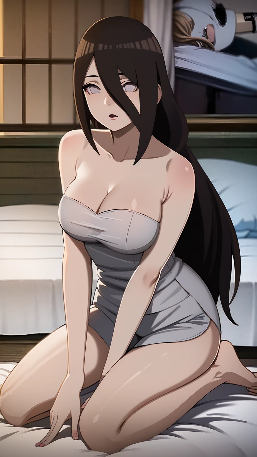 masterpiece, very detailed, Best quality, ultra high resolution, 1 girl, One, (Snow outside the window,Campfire,breathe through,Be red in the face),(средняя breast), breast, (The wall, than Hinata:1), (in hospital,hospital bed),(Nurse uniform,Ultra Shorts,sit on the bed,on the knees,scarf), split, from the front,Sat down,black eyes,White eyes are white, naked ,Whistles