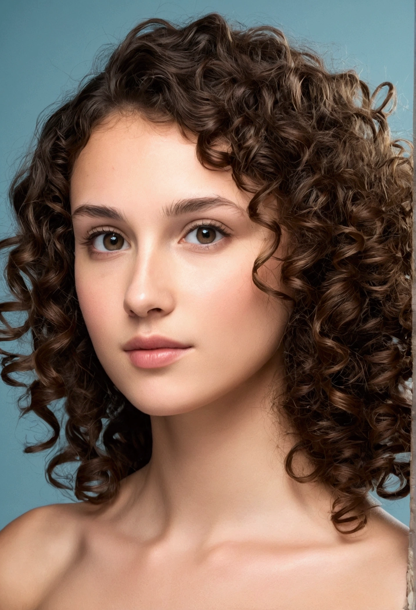 Young brunette woman with curly hair down her neck, above the shoulders.