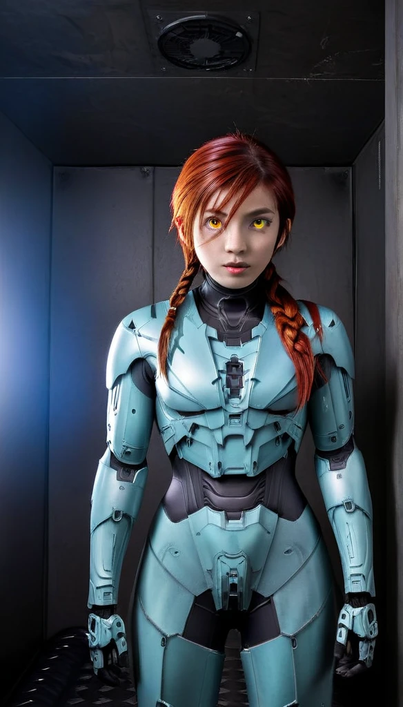 1 Girl、((glowing eyes, red eyes)), Medium Bust、solo、red Hair、Braid、Mobile Race Suit、Shoulder Armor、ceiling、Wide Shot、Looking Ahead、zipup suit 、Closed Mouth、Highest quality、medium quality、22 years old、Mobile Trace System、cockpit、Asian、CyborgCosplay

