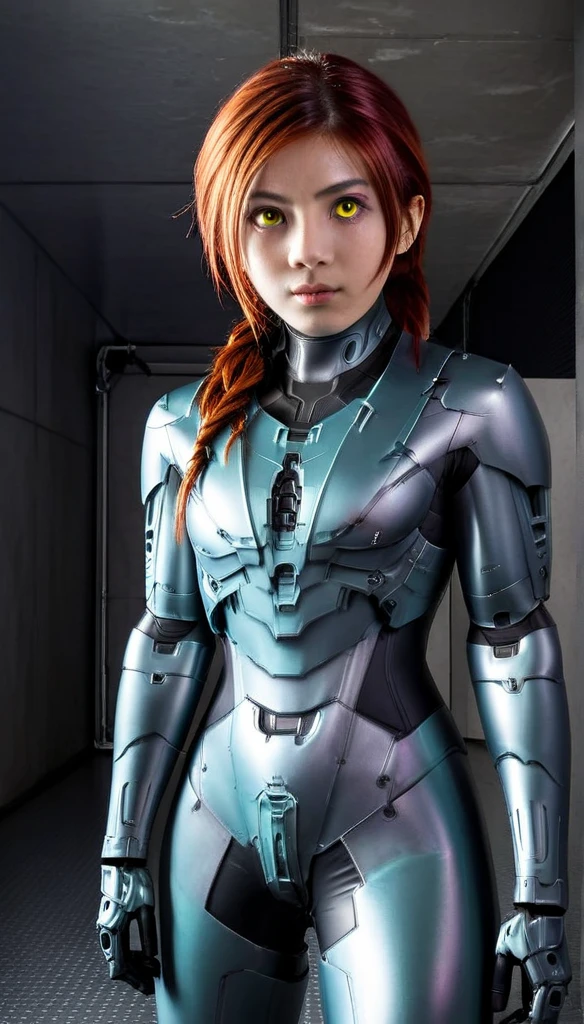 1 Girl、((glowing eyes, red eyes)), Medium Bust、solo、red Hair、Braid、Mobile Race Suit、Shoulder Armor、ceiling、Wide Shot、Looking Ahead、zipup suit 、Closed Mouth、Highest quality、medium quality、22 years old、Mobile Trace System、cockpit、Asian、CyborgCosplay

