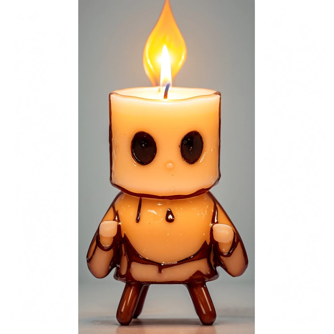 A candle stick miner with no legs, sits on a floating candle holder, melting wax is like hair