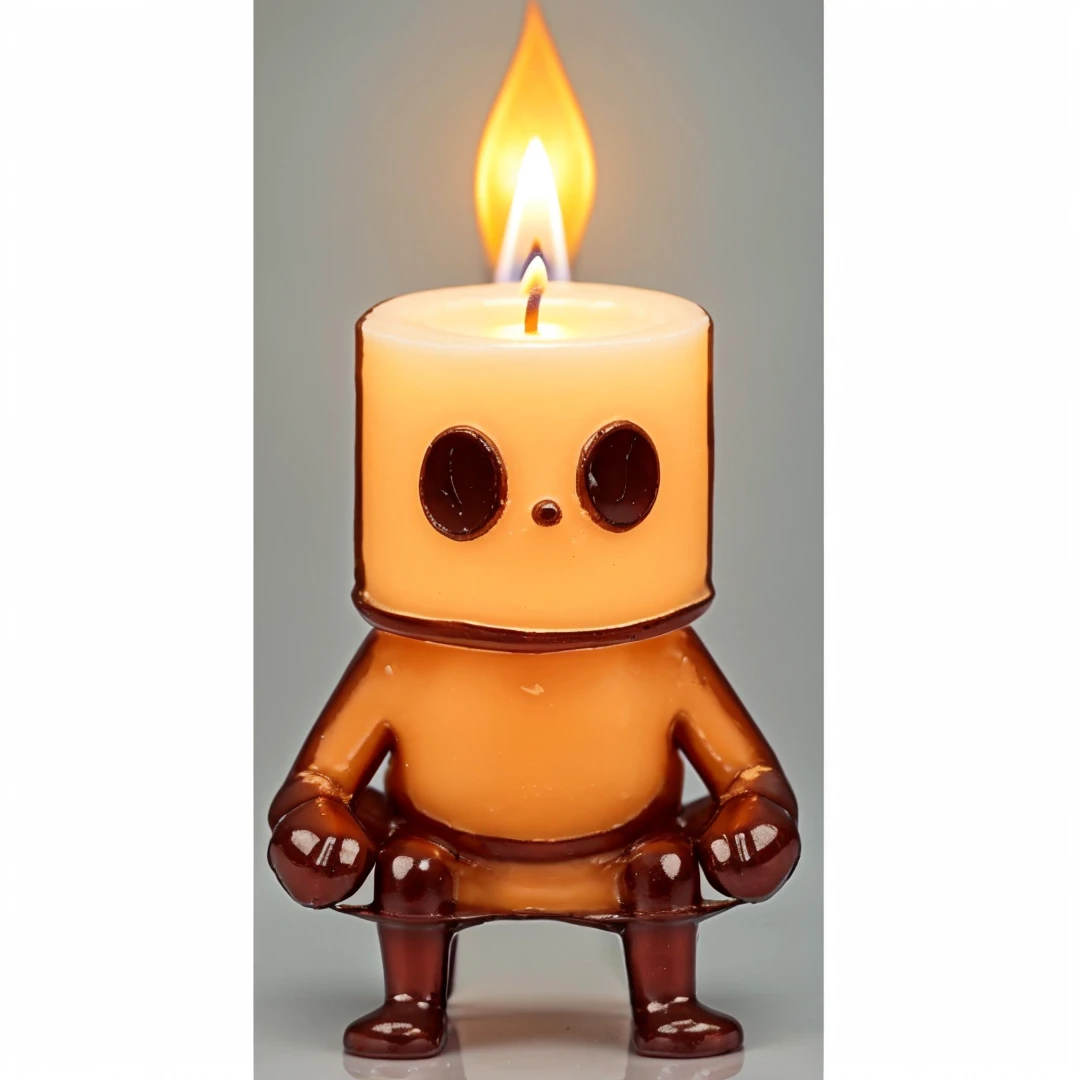 A candle stick miner with no legs, sits on a floating candle holder, melting wax is like hair