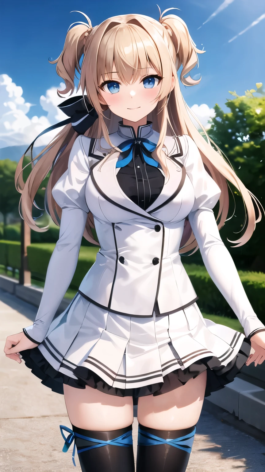 masterpiece, best quality, highres, 1girl, solo, long hair, blonde hair, two side up, (hair ribbon:1.1), blue eyes, neck ribbon, , white jacket, juliet sleeves, long sleeves, white skirt, thigh ribbon, black thighhighs, outdoors, cowboy shot, standing,