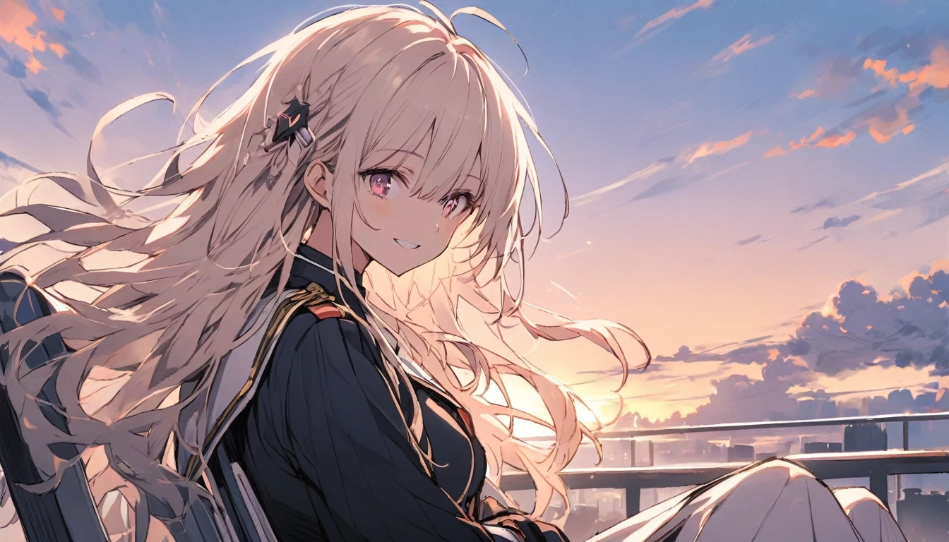 One girl, bangs, Long Hair, Messy Hair, Slope_eye, Diamond-shaped pupils, 赤いeye、sunset、上eye遣い、uniform、Sitting on a chair、smile、Fluttering Hair、Large hair ornament