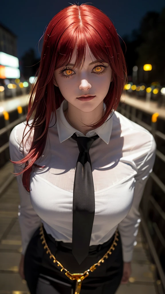 master part, best quality, portraite, (standing alone), Makima \ (chain saw man \), (20 year, mature face, fresh and beautiful), Standing, (redhead), (bright glowing eyes: 1.4), (gold eyes: 1.3), bangss, medium, white shirt, tie, gazing, (disgust, sorrido), (Evil: 1.2), gazing para o espectador, (narrowed eyes), High definition, (gazing para o espectador: 1.15), darkness background, background blur,