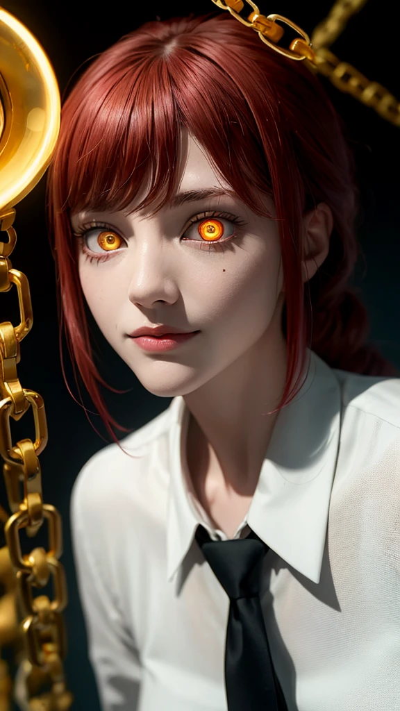 master part, best quality, portraite, (standing alone), Makima \ (chain saw man \), (20 year, mature face, fresh and beautiful), Standing, (redhead), (bright glowing eyes: 1.4), (gold eyes: 1.3), bangss, medium, white shirt, tie, gazing, (disgust, sorrido), (Evil: 1.2), gazing para o espectador, (narrowed eyes), High definition, (gazing para o espectador: 1.15), darkness background, background blur,