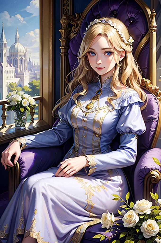 35 year old woman, with defined facial features, shy smile, clear skin, long curly hair, pale gold color, blue eyes, wearing a medieval purple nobility dress, sitting in a brown armchair, with hands in lap (detailed hands) classic painting, large window in the background, flowery balcony, White flowers