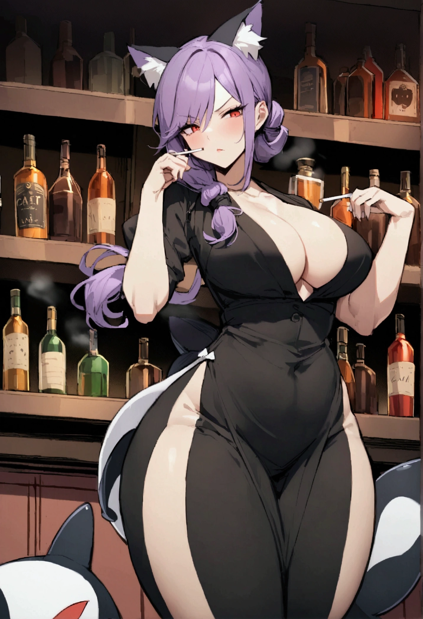 A semi-human bartender half human orca and cat (killer whale tail and cat ears), long purple hair tied in a ponytail, with a curvy figure, the woman smoking, with a serious face and tall body, red eyes, the woman is in a bar with alcoholic drinks in the background, with a knife in his hand that does not hold the cigarette, slightly blushing