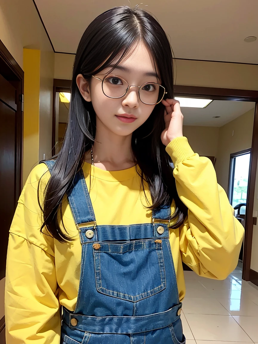 Yellow Shirt。Blue Overalls。goggles。long hair。
