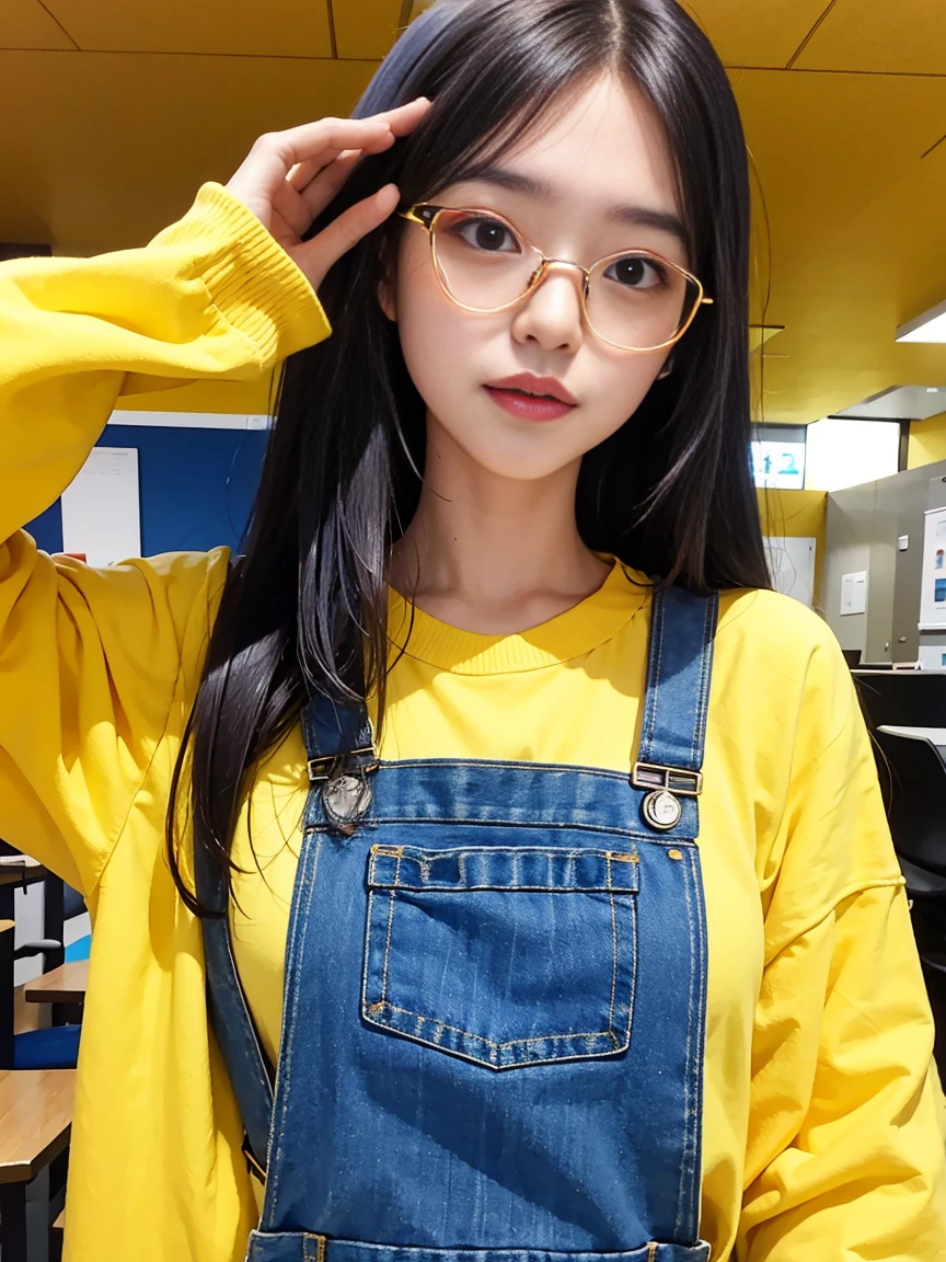 Yellow Shirt。Blue Overalls。goggles。long hair。