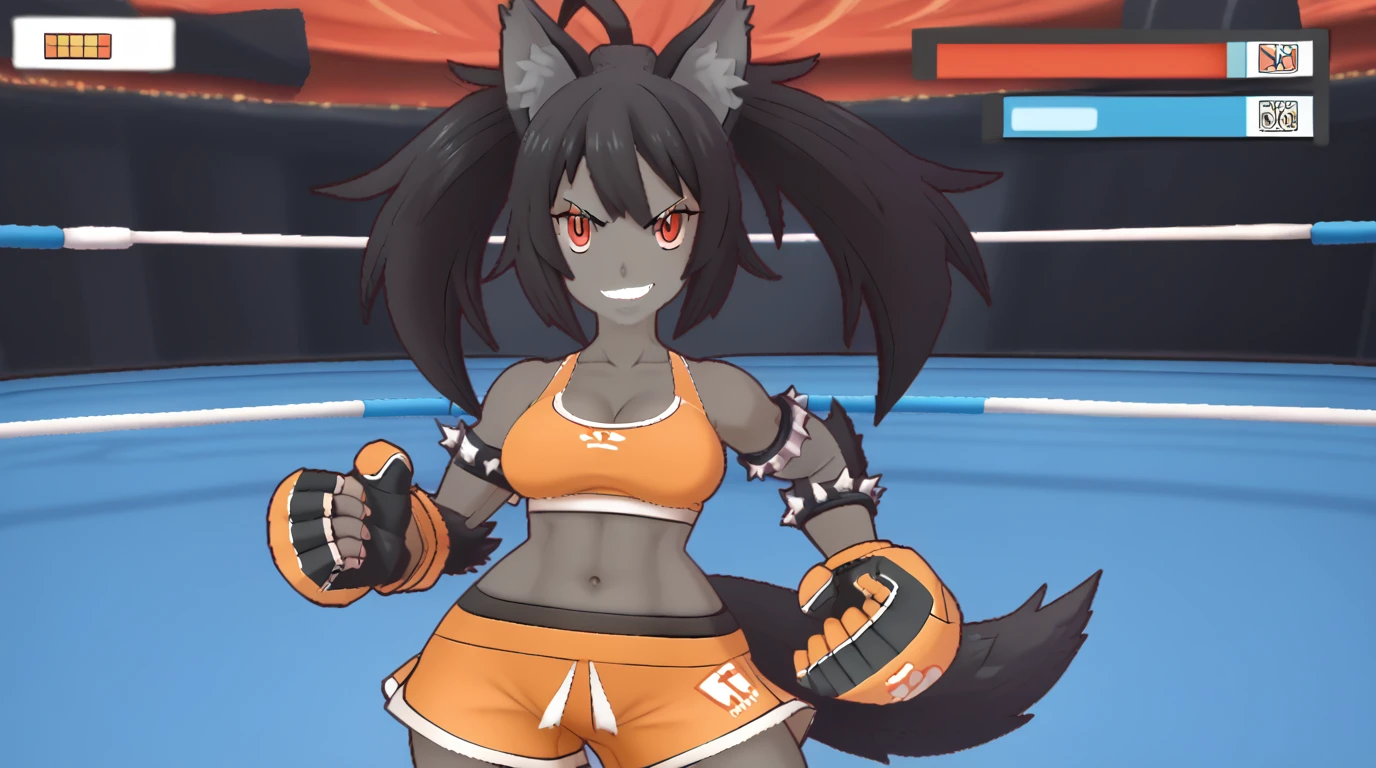 Hellhound, monster girl encyclopedia, hellhoundMGE, black skin, thick thighs, large breasts, wide hips, small waist, black hair, wearing sports bra with athletic shorts and boxing gloves, standing in wrestling ring, seductive smile, smug, teasing pose, (((health bar))), looking at viewer, (pov), larger female