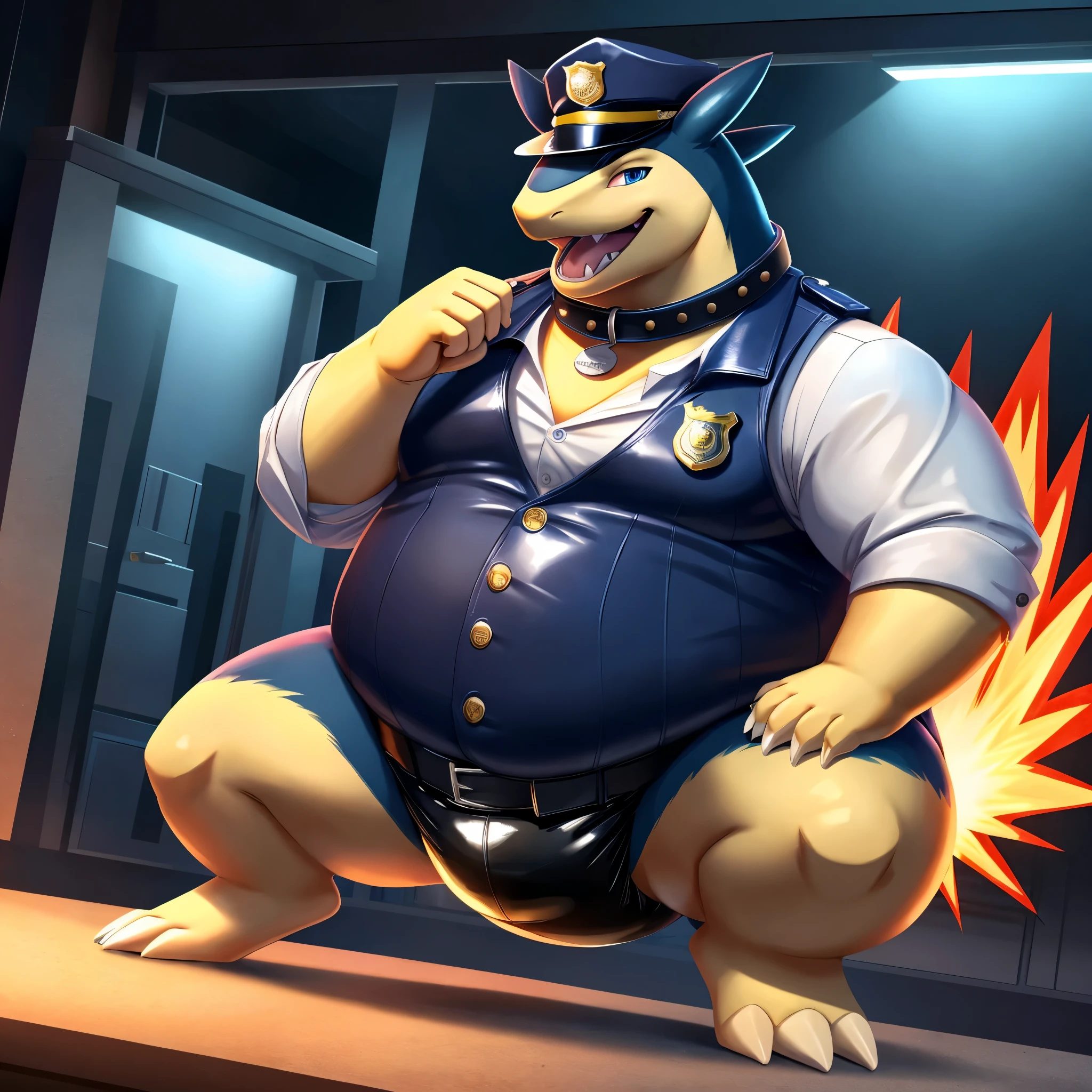 Solo, Male, fat, squatting, extremely obese, gentleman, dapper Typhlosion, pooping in diaper, blue eyes, (soft shading), 4k, hi res, ((detailed face, detailed)), looking at viewer, evil grin, police station, collared shirt with buttons, hat, male focus, Police Uniform, glasses, monocle, vest with buttons, sleeves rolled up, round eyewear, headwear, vest, Typhlosion is wearing a glossy leather dog collar around the neck, Typhlosion is wearing the leather collar and shirt and vest at the same time, Typhlosion is wearing glossy white rubber gloves on the hands, wearing white rubber gloves on the feet, gloves are rubber in texture, mouth wide open, evil laugh, clenching fists, leather collar is glossy and shiny with a lot of detail, Typhlosion is wearing gloves and leather collar at the same time, leather collar has a round dog-tag, leather collar is thick and detailed, white rubber gloves on the feet, Typhlosion is wearing gloves and leather collar at the same time, leather collar has a round dog-tag, leather collar is thick and detailed, leather collar is glossy and shiny, fancy clothing, dapper vest, dapper shirt, leather collar is thick, glossy leather collar, Typhlosion is wearing a dirty diaper