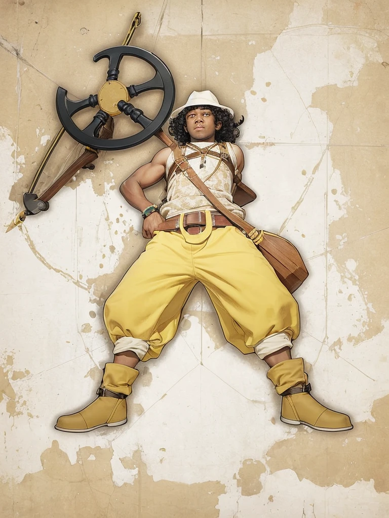 A dark-skinned boy with curly black hair, with yellow pants, holding a large slingshot in his hand, with hat on head.