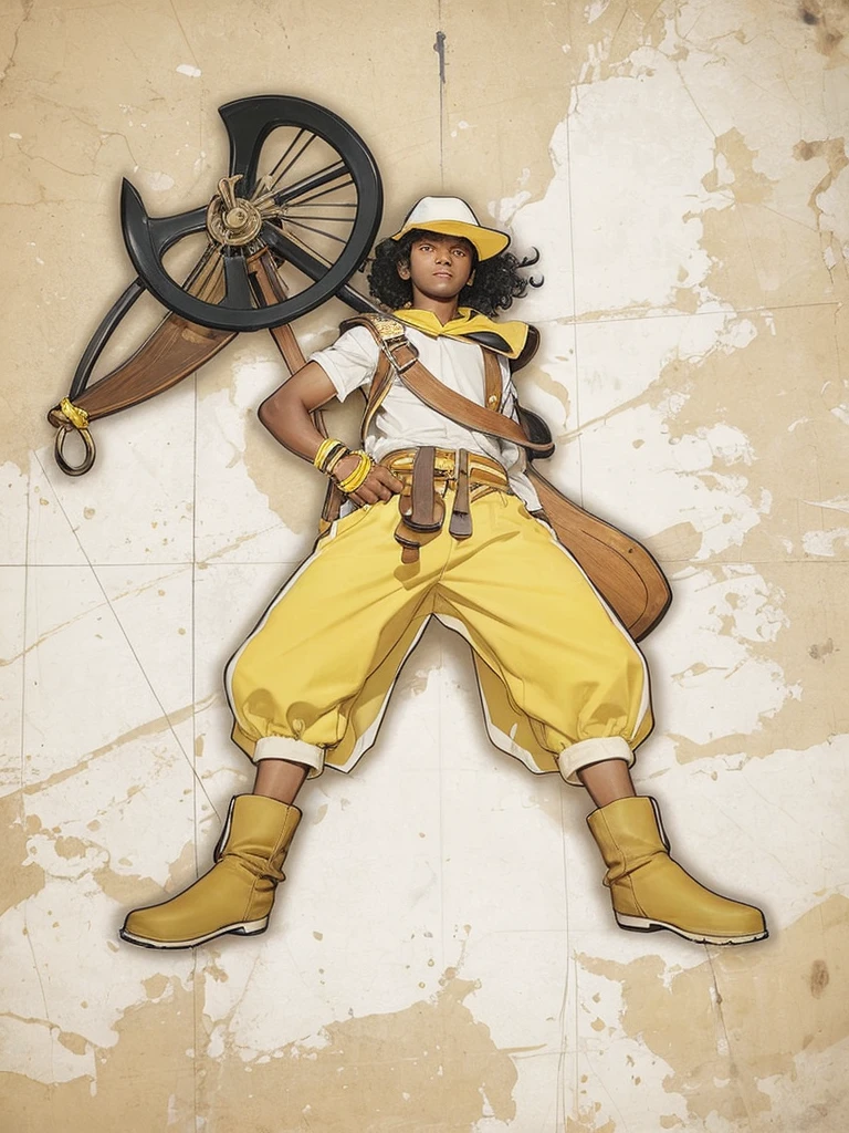 A dark-skinned boy with curly black hair, with yellow pants, holding a large slingshot in his hand, with hat on head.