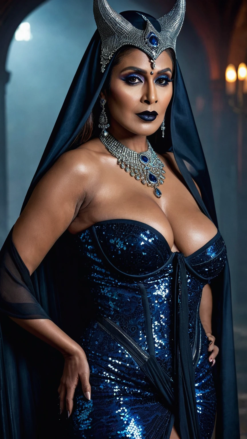 Looks like Nayanthara, milf, cougar lady witch, horny Gothic milf,  50 years old gorgeous mature lady, pervert demoness, demoness of lust, curvy, black lips, horny face, extremely gorgeous, thick figure, heavy physique, voluptuous, curvy, sexy figure, Fashionable portrait of androgynous alien looking witch wearing veil, glowing eyes, futuristic design, minimal details, givenchy, photoreal, 200mm, hd, f/ 2.0, highly detailed, surreal, sexy beautiful evil woman, sexy bold sequin Saree with strapless Bra, chudail, Pishachini, horror genre, blood-thirsty enchantress, powerful female spirit, eerie, drop dead, in the style of red and blue, (intricate details, hyperdetailed:1.15) (skin texture:1.2), dark Moody tone, cinematic lighting, haunted place in background, 