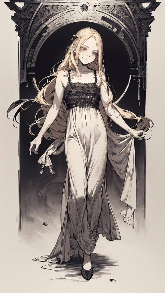 Highest quality, (Background details), High Contrast, Very beautiful  , Detailed original illustrations,very small stature、Baby Face、Villain、gnome, Wavy platinum blonde hair、 Delicate face,  Spoiled brat、White sundress、Real breasts, Flat Chest、Wicked Smile, Evil Eye, Black background, (Black background: 1. 5), Beautiful line art, Monochrome