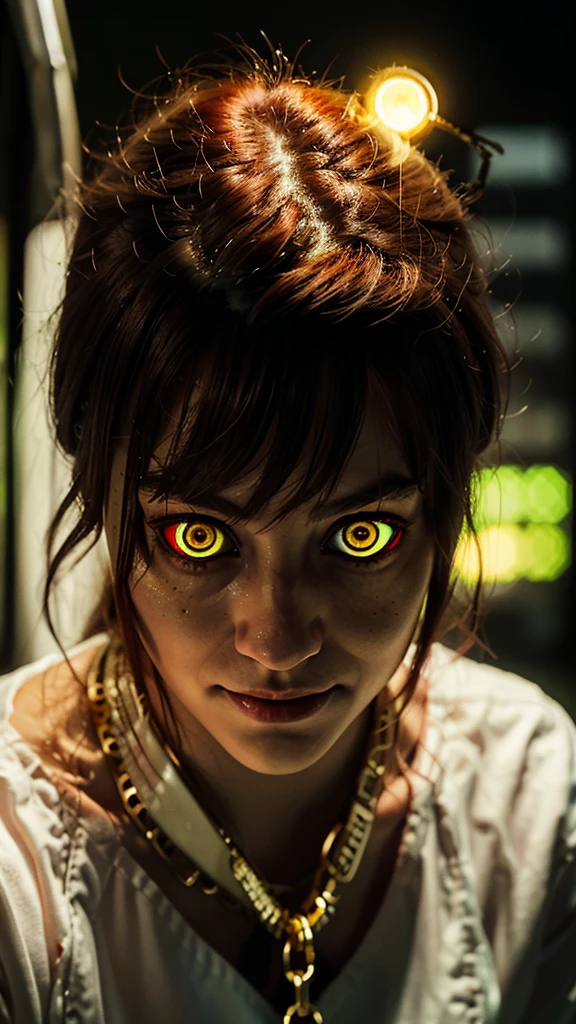 master part, best quality, portraite, (standing alone), Makima \ (chain saw man \), (20 year, mature face, fresh and beautiful), Standing, (redhead), (bright glowing eyes: 1.4), (gold eyes: 1.3), bangss, medium, white  shirt, tie, gazing, (disgust, sorrido), (Evil: 1.2), gazing para o espectador, (narrowed eyes), High definition, (gazing para o espectador: 1.15), darkness background, background blur,