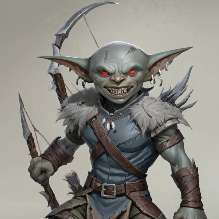 Gray goblin ranger, with pale gray skin, dark hair falling in strands over his forehead and shoulders, sharp and pointed ears, long and thin limbs, lean and muscular build, quick and silent movements, and a constant expression of vigilance and readiness for any danger.