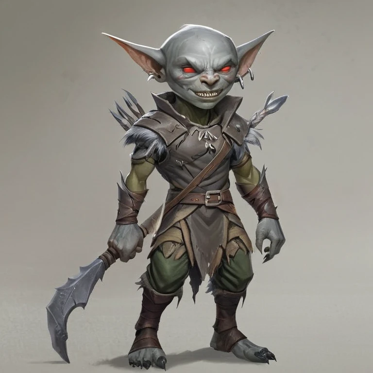 Gray goblin ranger, with pale gray skin, dark hair falling in strands over his forehead and shoulders, sharp and pointed ears, long and thin limbs, lean and muscular build, quick and silent movements, and a constant expression of vigilance and readiness for any danger.