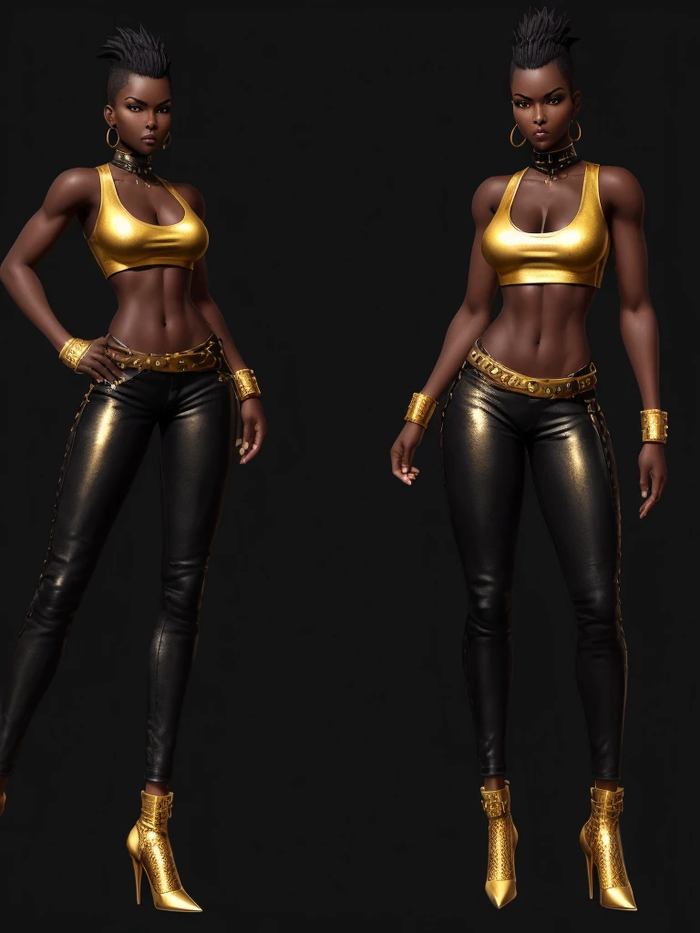 ((best quality)), ((4k)), ((highres)), ((masterpiece:1.2)). ((detailed)), ((ultra realistic)), ((intricate details)), ((full body picture)), ((solo character)), a full body picture of a beautifull Ebony skinned female, black woman, dark skin, perfect face, detailed eyes, detailed lips, about 25 years old, about 5'6 ft. tall, punk black woman, punk style, punk styled hair, side shaved hair ((emphasis on her side shaved hair)), muscular body, hourglass body type, dressed in a golden top ((emphasis on her gold tank top)), and black leather pants, high heels, fighting game character concept art, tekken character design, the king of fighters character concept, full bofy, full body concept art, full body art