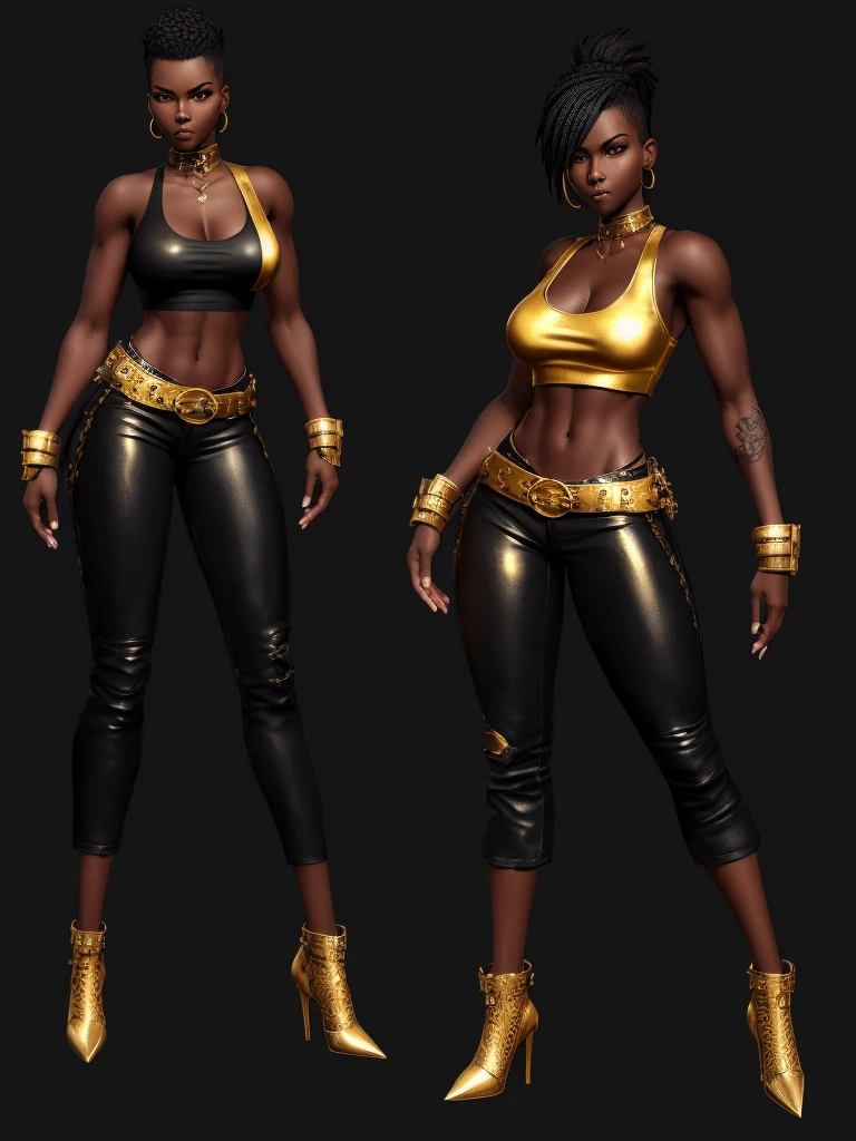 ((best quality)), ((4k)), ((highres)), ((masterpiece:1.2)). ((detailed)), ((ultra realistic)), ((intricate details)), ((full body picture)), ((solo character)), a full body picture of a beautifull Ebony skinned female, black woman, dark skin, perfect face, detailed eyes, detailed lips, about 25 years old, about 5'6 ft. tall, punk black woman, punk style, punk styled hair, side shaved hair ((emphasis on her side shaved hair)), muscular body, hourglass body type, dressed in a golden top ((emphasis on her gold tank top)), and black leather pants, high heels, fighting game character concept art, tekken character design, the king of fighters character concept, full bofy, full body concept art, full body art