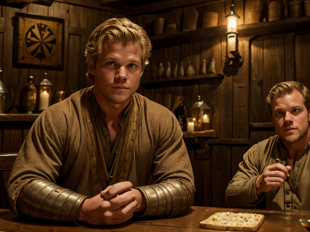 Christopher Egan as a handsome medieval knight sits at a table in a tavern, in front of him is a fat, obsequious innkeeper