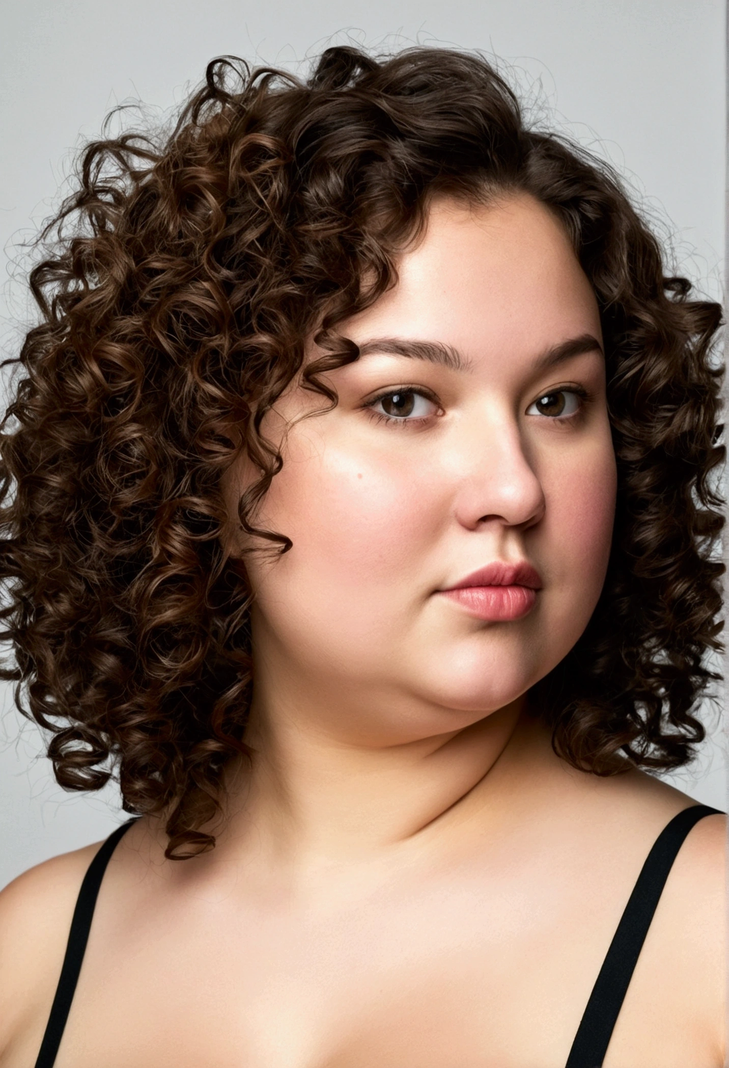 Young brunette woman with curly hair down her neck, above the shoulders. fat with double chin