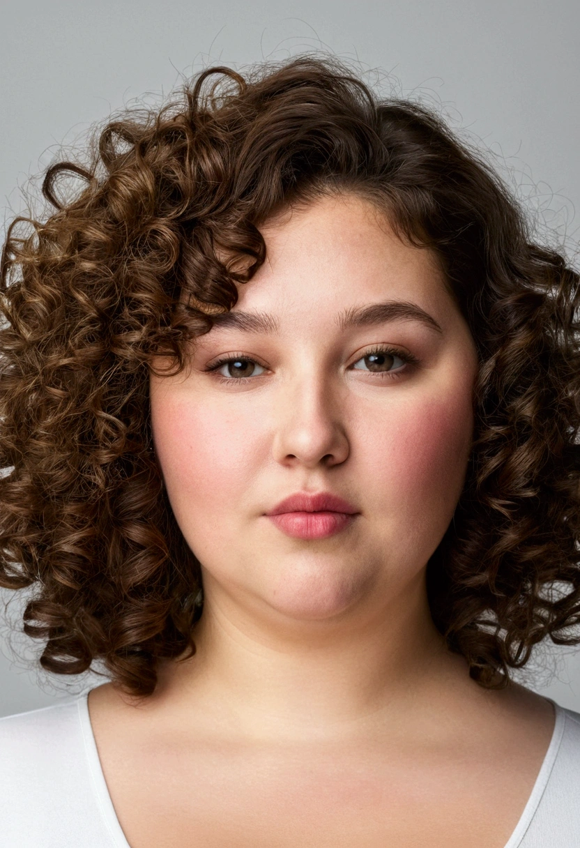 Young brunette woman with curly hair down her neck, above the shoulders. fat with double chin