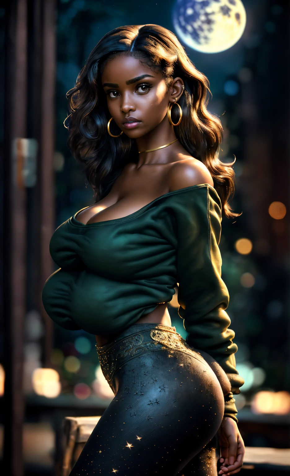 (masterpiece), (extremely intricate:1.3), (realistic), portrait of a black girl, huge and perfect breasts, heaving bosom, the most beautiful in the world, dark eyebrows, wavy brunette hair, doe eyes, innocent look, (wearing sweatshirt:1.1), leggings, (2heads), perfect ass, detailed textures, upper body, outdoors, starry night, full moon, heavy makeup, gold hoop earrings, extra breasts, professional photograph of a stunning woman detailed, looking at the camera, alluring stare, detailed eyes, sharp focus, dramatic, award winning, cinematic lighting, octane render unreal engine, volumetrics dtx, (film grain, blurry background, blurry foreground, bokeh, depth of field, motion blur:1.3)