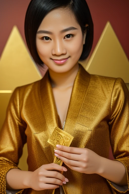A wealthy person holding a large gold bar, Thai 1000 baht banknotes, winning the lottery, photorealistic, high quality, extremely detailed, intricate details, cinematic lighting, warm color tones, award winning photograph