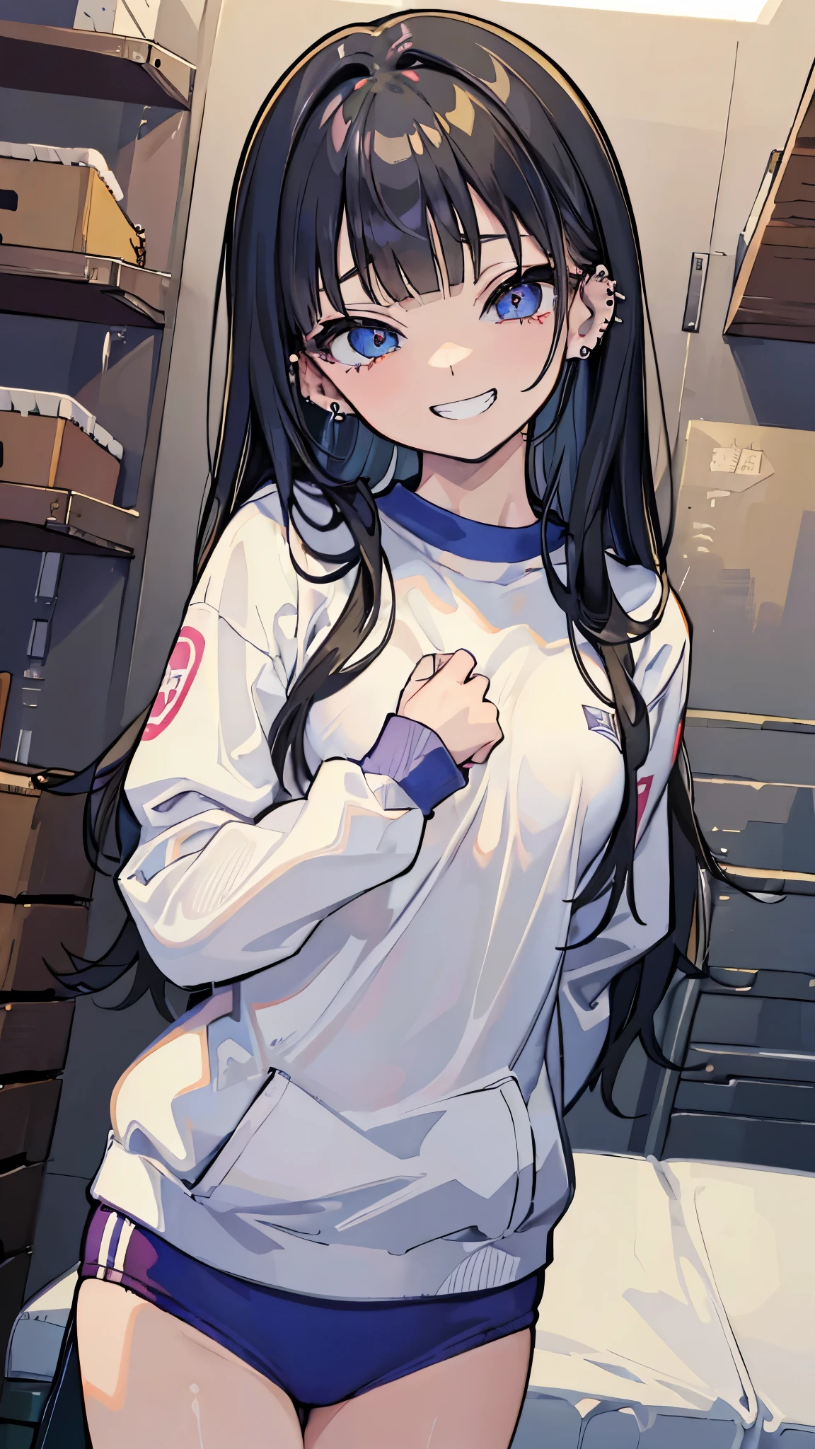 ((masterpiece、Highest quality、Very detailed))、One girl、Black Hair、Long Hair、blunt bangs、hime cut、Light blue eyes、evil smile、((Grin))、((lots of piercings))、Small breasts、((gym uniform))、Cowboy Shot、Gym storeroom
