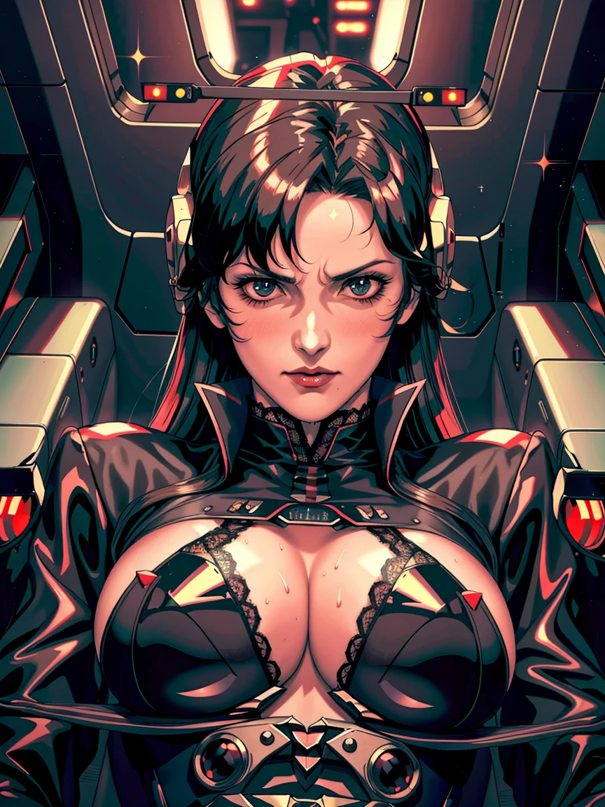 ((gothic vampire piloting in gothic spacecraft)), (((retro anime))), ((from below)), ((100 fov)), ((((gothic)) control panels)), (((mature))), (((gothic))), iridescent bodysuit, (((lace accessories))), ((pilot seat)), ((((lying back)) pose)), (((elegant))), (((serious tone))), ((cockpit top control panel)), intricate control panel details, close-up, 1990s (style), masterpiece, ((claustrophobic)), best quality, screens, ((pilot helmet)), night, (colorful cockpit lights), sparkles, (dramatic lighting), sweat, wet, [blushing], [[[pointy ears]]]