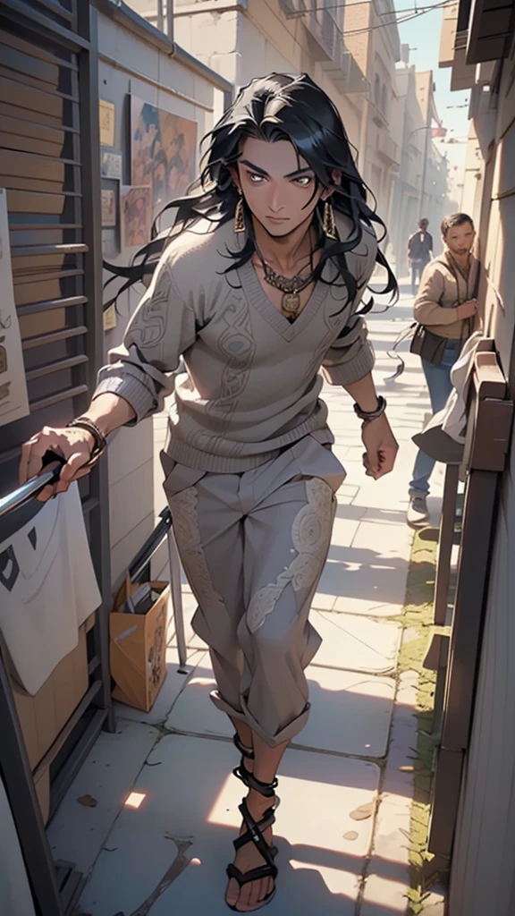 (male:1.5), muscle, 1boy, big muscle, pectoral, muscular, Mature man,45 year old man,adult,1 man, old macho man,an extremely detailed face, ((black_eyes:1.3))),intricate eyes,beautiful detailed eyes,symmetrical eyes,modern very long hair,(((black very long hair))), large hair,perfect face, nice hair style,manly, very manly man((detailed face)),
smile,
(ultra-detailed:1.3), beautiful detailed glow, finely detailed,ultra-detailed,
((((man with crutches,cripple,elegant,elegant crutches,arabian crutches,crippled,lame,invalid man,walk with crutches,walk with cane,arabic stick)))),
(sweater, arabian fashion,arabian gray sweater,gray sweater, jeans,white shirt, masculine features, modern style,arabian clothes),(((arabian sweater, arabian gray sweater outfit, wearing a arabian gray sweater:1.3,arabian arabian gray sweater))),(arabian jewelry,intricate necklace),((bulge in pants)),(((intricate outfit,intricate clothes,ornate outfit))),
(dynamic pose:1.0),embarrassed,(centered,scale to fit dimensions,Rule of thirds,cowboy shot),
inside,indoor,((palace in Arabia, palace in Arabia background)),scenery:1.25,((intricate scenery)),
(Glossy winter ornaments),highres,sharp focus,(ultra detailed,extremely detailed),(photorealistic artwork:1.37),(extremely detailed CG unity 8k wallpaper),(((vibrant colors,vibrant theme))),(intricate),(masterpiece),(best quality),artistic photography,(photography taken by sldr),(intricate background),perfect rendered face,perfect face details,realistic face,photo realistic,((intricate detail)),(((realism))),