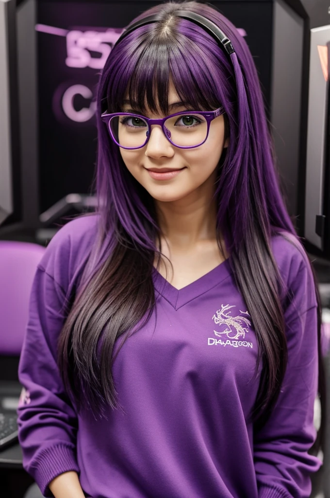 gamer girl, medium hair and glasses, cheered up, purple, dragon symbol
