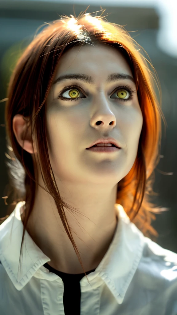 master part, best quality, portraite, (standing alone), Makima \ (chain saw man \), (20 year, mature face, fresh and beautiful), Standing, (redhead), (bright glowing eyes: 1.4), (gold eyes: 1.3), bangss, medium, white shirt, tie, gazing, (disgust, sorrido), (Evil: 1.2), gazing para o espectador, (narrowed eyes), High definition, (gazing para o espectador: 1.15), darkness background, background blur,