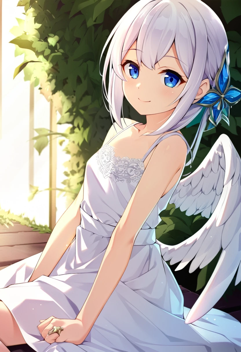 one girl, archangel, angel wing, angel ring, sacred, cute, naive, sitting, , beautiful, light blue eyes, white dress, white hair, smile gently at me, girl focus