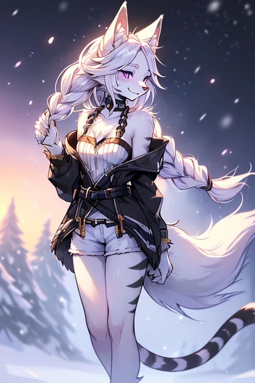 ( Absurdly , High quality , ultra detailed ) ,( hand detailed ) , 1girl, solo, mature, absurdres(highly detailed beautiful face and eyes)perfect ??????? Solo, Young Female white fox-cat (((lean-body))) (((medium breasts))) (short snout),(((fur (black stripe) between neck and shoulder towards chest))) ((fur (black stripes) on waist))(ears are darker), ((violet eyes)), (cat tail (black at end)), (white hair (single-braided)), ((female fox cat)), (detailed eyes), (clevedge, (collarbone, shoulders), (solo, (1girl)) ((((fluffy white fur)))), white hands, ((extremely detailed fur)) ((hair in face)) (big braid), (thin long tail) (extremely detailed eyes), white hands, happy, barefoot, short shorts, strapless blouse, small jacket, snow forest