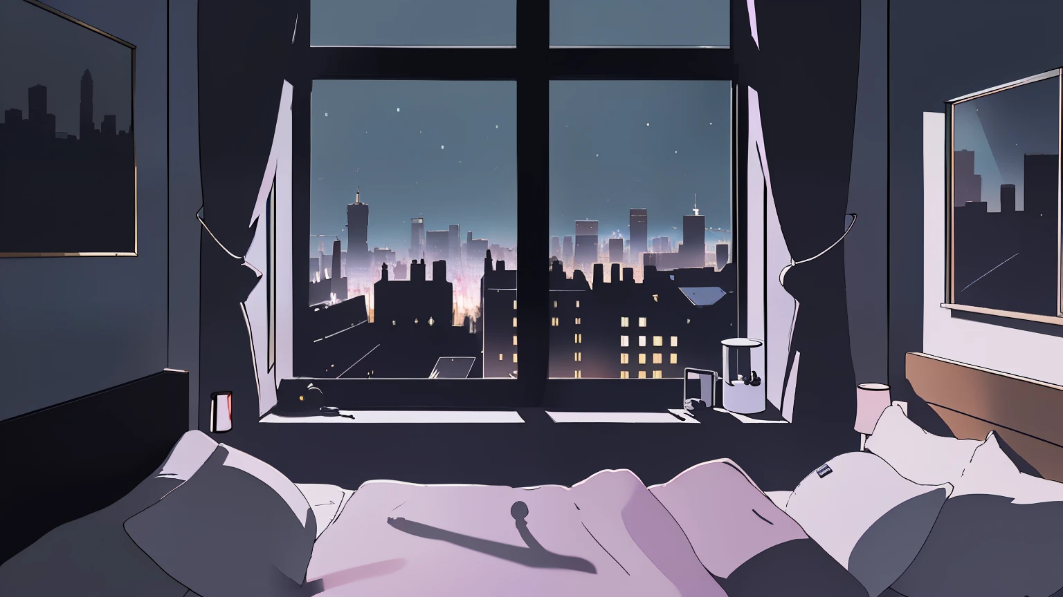 inside the room, in bed, with headphones, city lit up in the window