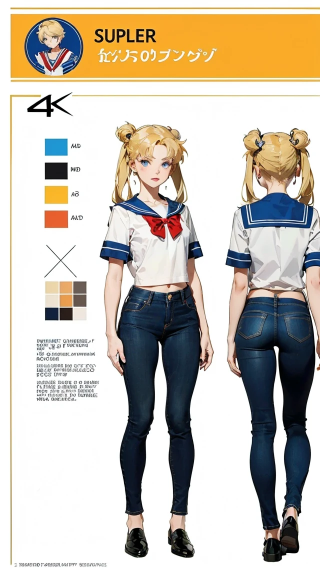 Detailed character sheet, Front view, Side view, Diagonal view, with a white returnground, show women, 30 years old, with short dark brown hair combed return, Wearing light casual clothing, Wearing tight denim jeans. The seat includes different angles, Front etc., return, and Side views, Model sheets and reference sheets, Full-body painting. Proportions are based on a 7.5 head scale.((masterpiece)), (best quality), official art, extremely detailed CG,
1girl, sailor moon, blue eyes, blonde hair, long hair, hair bun, jewelry, sailor senshi uniform, blue sailor collar, red choker, twintails, red bow, blue skirt, holding binoculars, outdoors, forest, Realistic portrait of the protagonist of the anime Sailor Moon (Super detailed,ultra high resolution,detailed background),((2D)),((flat color)),((colorful)),((floating colorful water)),1 girl,alone,looking at the viewer,break girl, sweat, steam, medium breast, shy, detailed hand, shy, light smile, looking at viewer,((best quality,4k,highres,masterpiece:1.2)),((character concept art)), 1 female, teenage female, Gyaru high school girl, ((dyed brown or blonde long hair)), hair styled with lots of accessories, (tan skin colour), ultra finely detailed eyes (decorative contact lenses), fashionable, outgoing, socially active, slim body build, ((intricate detail)), super finely detailed hands, ultra finely detailed fingers(((ten fingers))), wwearing white short sleeves school shirt with bowtie, gray school skirt, knee-length school socks, and black school loafers, heavy makeup, (standing casually), (full body showcase), (show full body), (no logos on background), (no logo), ((plain background)), ((plain background)), (((empty background)))