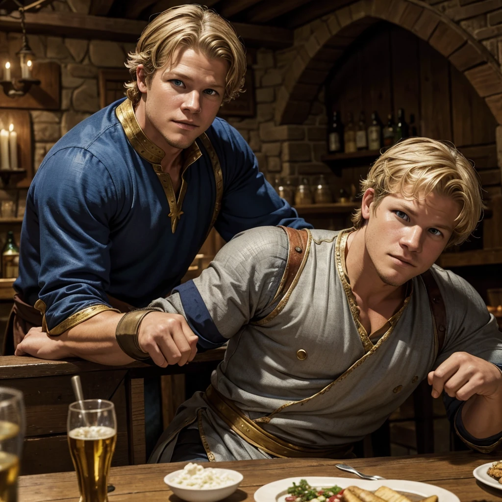 Christopher Egan as a handsome medieval knight sits at a table in a tavern, in front of him is a fat, obsequious innkeeper