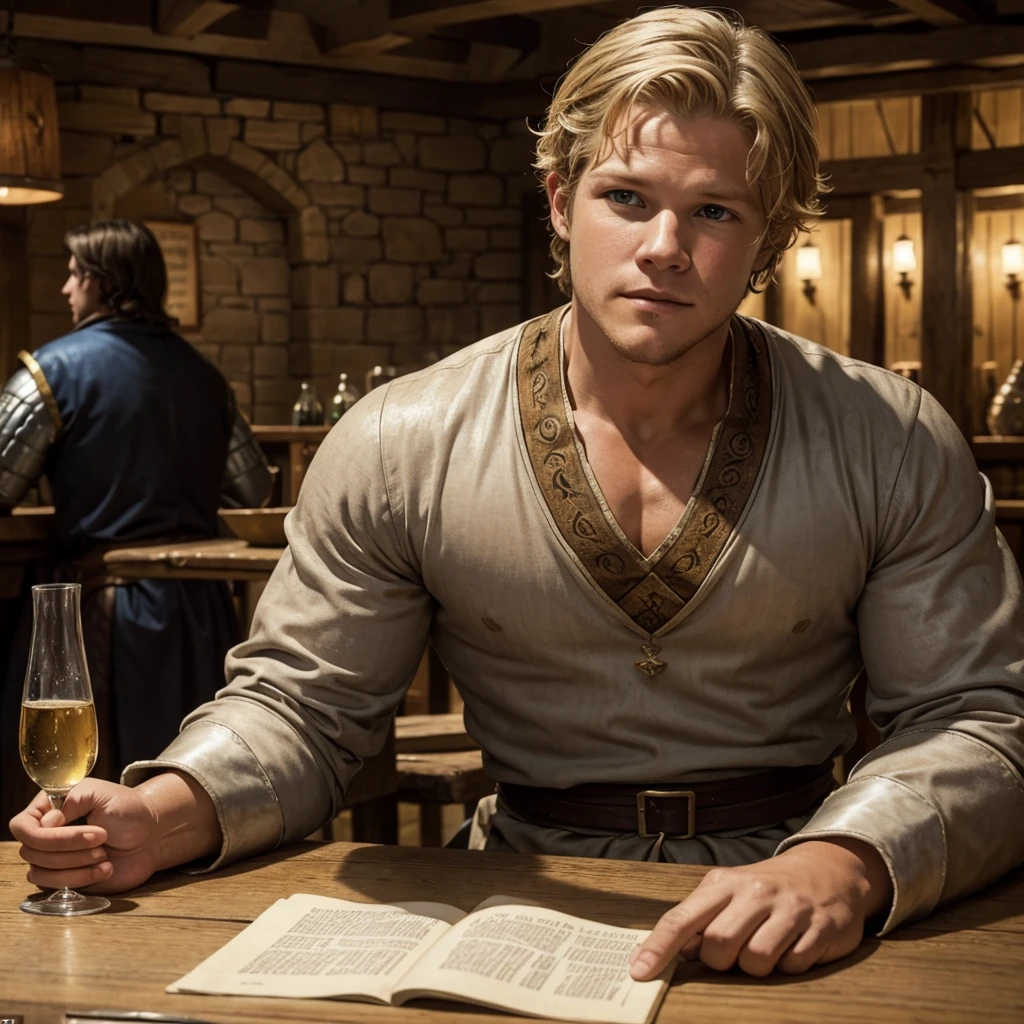 Christopher Egan as a handsome medieval knight sits at a table in a tavern, in front of him is a fat, obsequious innkeeper