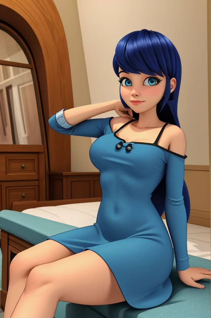 (8k, RAW photo, best quality, masterpiece:1.2), (intricate details), perfect eyes, perfect face, perfect lighting, beautiful, (masterpiece:1.2), (best quality:1.2), 1girl, solo, Marinette, blue hair, ((long loosen hair)), adult torso, 17 years old, slight smile, huge sized breasts, ( blue dress), cowboy shot, 3DMM, seated, front view